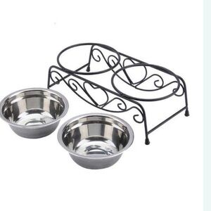 WROUGHT IRON scroll work hand crafted black 2 dog bowl stand feeder decor ergo